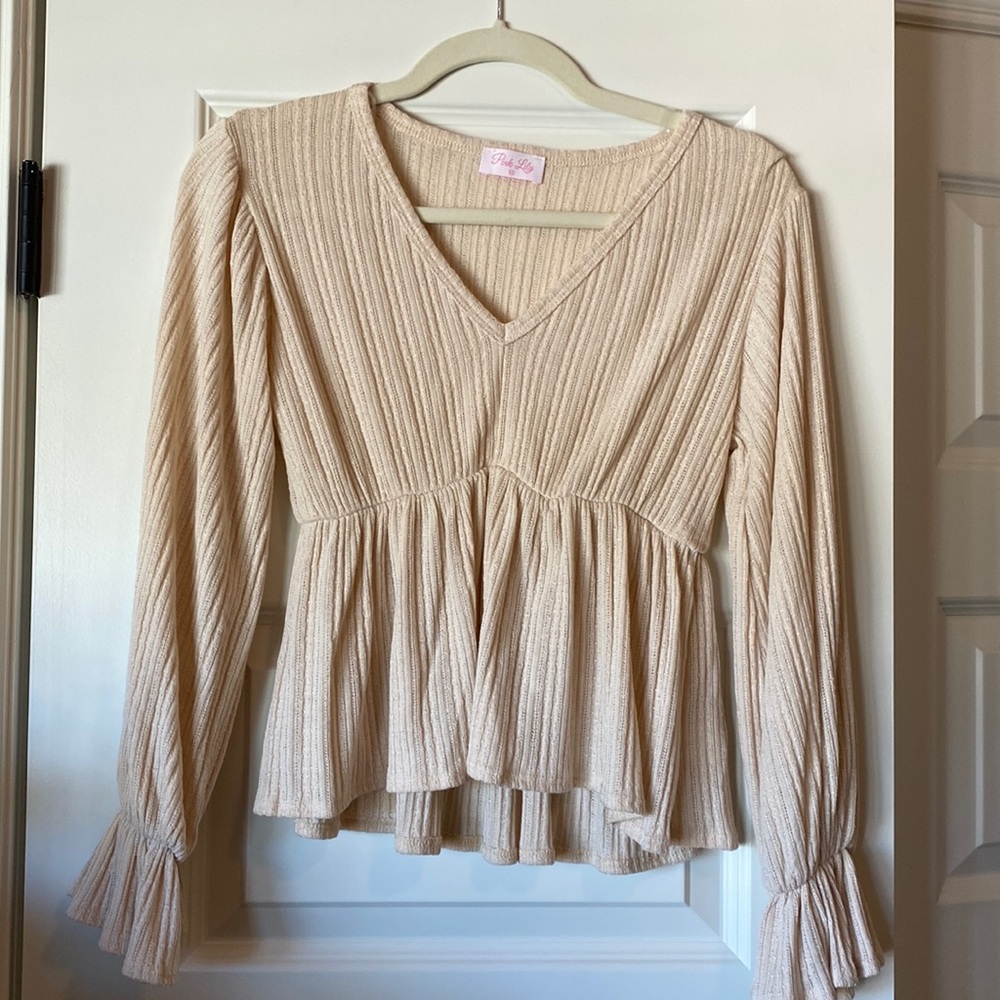 Pink Lily Long sleeve Beige baby doll top